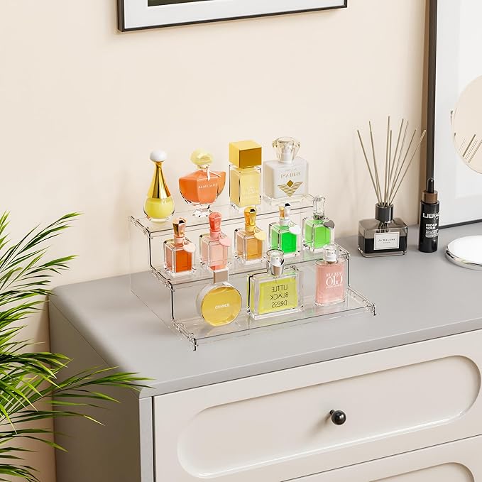 Yieach 3 Tier Acrylic Display Stands for Cupcake Stand,Dessert,Perfume Stand Organizer and Figurine Display Shelf,Tiered Clear Acrylic Display Risers for Cologne,Collection,Spice Rack,Perfume Display