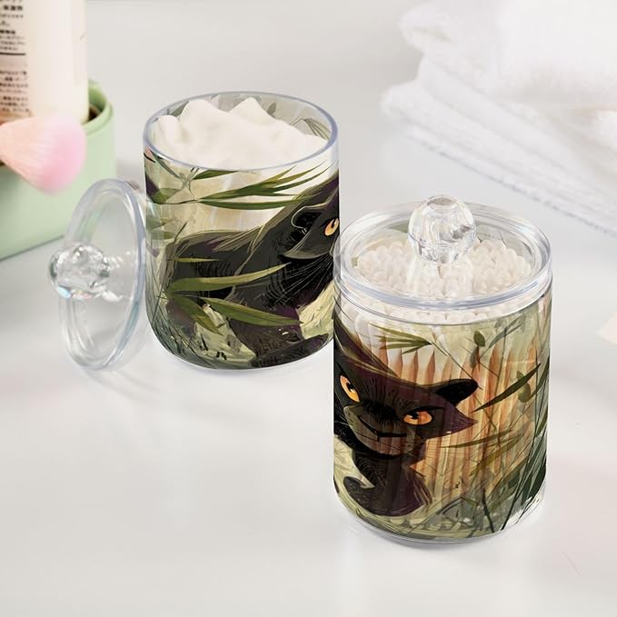 2 Pack Apothecary Jars,Panther in Jungle Grass Bathroom Vanity Storage Organizer Set,Small Clear Plastic Storage Jars Bathroom Canister for Cotton Swabs,Rounds,Balls,Qtips,Makeup Sponges