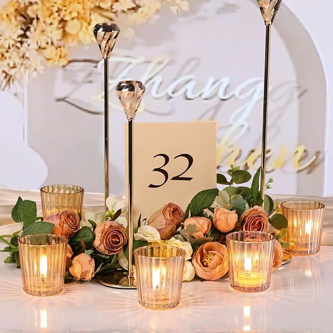 NITIME 8PCS Vintage Ribbed Gold Votive Candle Holders, Glass Candle Holder for Wedding Decorations, Tealight Candle Holder for Table Centerpiece, Diwali, Home and Party Decorations