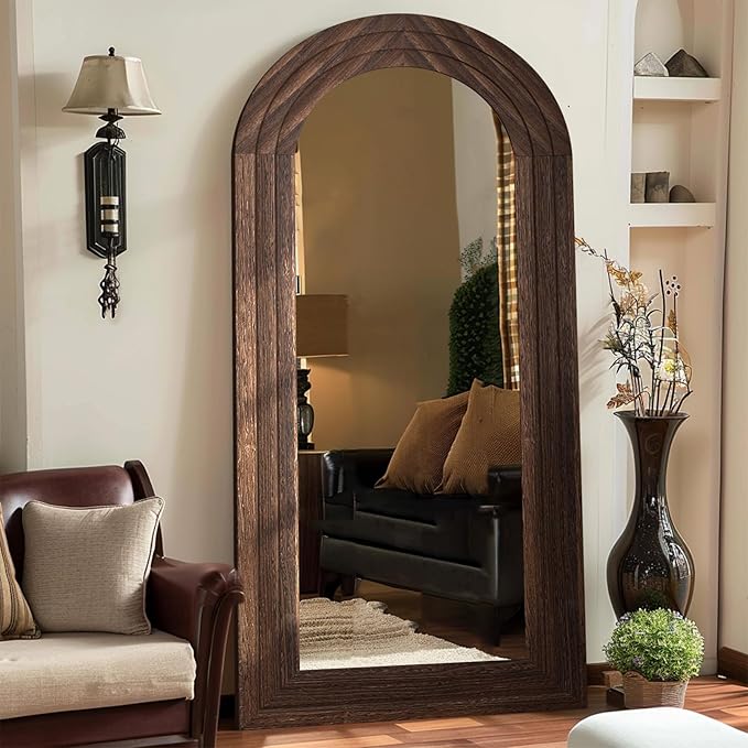 ZHUNFA Arched Full Length Mirror with Solid Wood Frame, 71x32 Farmhouse Wall Mounted Floor Mirror with Stand, Vertical Hanging, Leaning Standing for Bedroom, Living Room, Brown