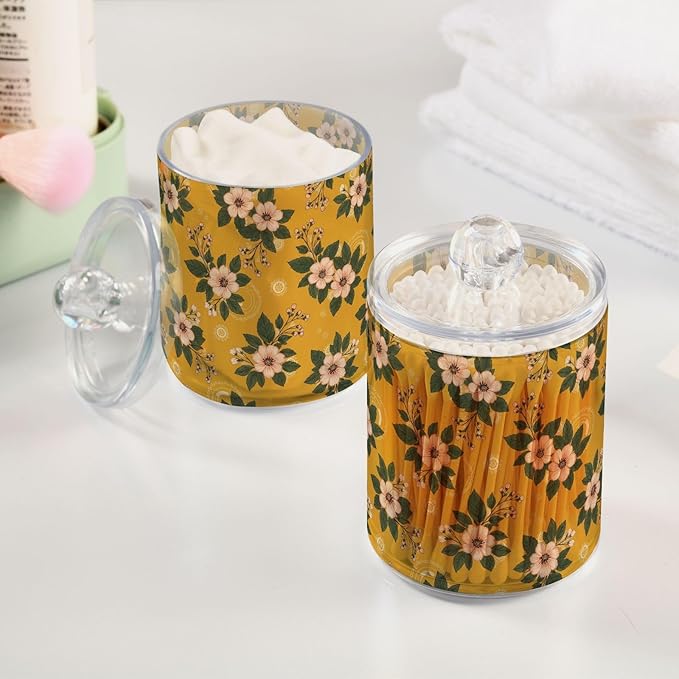 Floral Flowers Leaves Yellow Pattern Bathroom Containers Holder with Lids Set Clear Jars 2 Pack Plastic Makeup Storage Organizer 4.13 x 2.75In for Cotton Swabs Hair Clips Pads