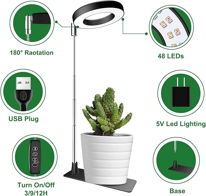 Aokrean Grow Lights for Indoor Plants, Full Spectrum Plant Lights for Indoor Growing, Height Adjustable Halo Grow Light with Base, 3 Optional Spectrums, Auto Timer 3/9/12Hrs, 10 Brightness, 5 Pack