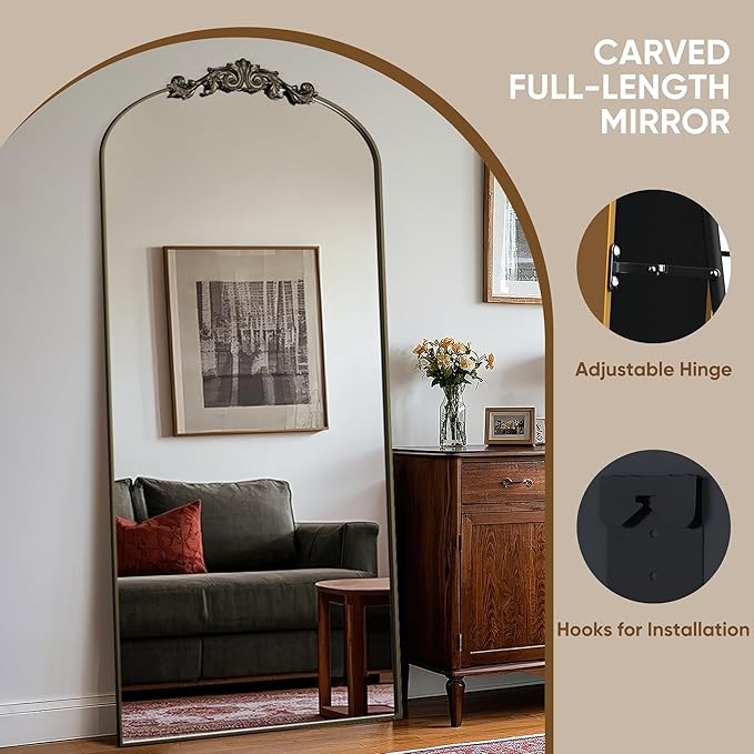 Antok Arched Full Length Mirror, 78"x38" Floor Mirror with Carved, Full Body Mirrors for HomeDecor, Standing/Halling Large Wall Mirror for Bedroom, Living Room, Cloakroom, Bronze, Retro Style