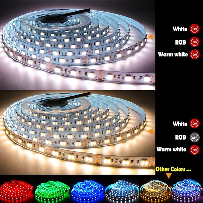 12V 5 in 1 LED Strip Lights RGB + CCT, RGB + White + Warm White (2800K to 6500K) RGBCW 5M Mixed Colour Adjustable Light Strips IP20 300 LEDs for Bedroom, Kitchen, Advertising Decoration
