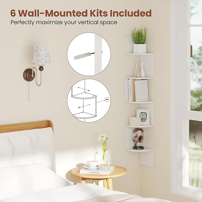 Giantex Corner Shelf Wall Mounted, 5-Tier Floating Corner Bookshelf, Home Storage Organizer, Wooden Display Stand Rack for Wall, Plant Shelf for Living Room, Bedroom, Kitchen (1,White)