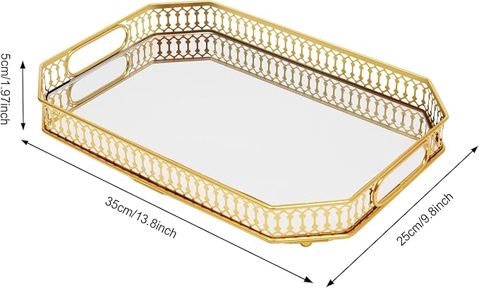 Metal Vintage Octagon Glass Surface Mirror Tray,Luxurious Makeup Perfume Holder,Golden Serving Plate,for Makeup Brushes/Lipstick/Skincare/Perfumes/Bathroom Accessories.