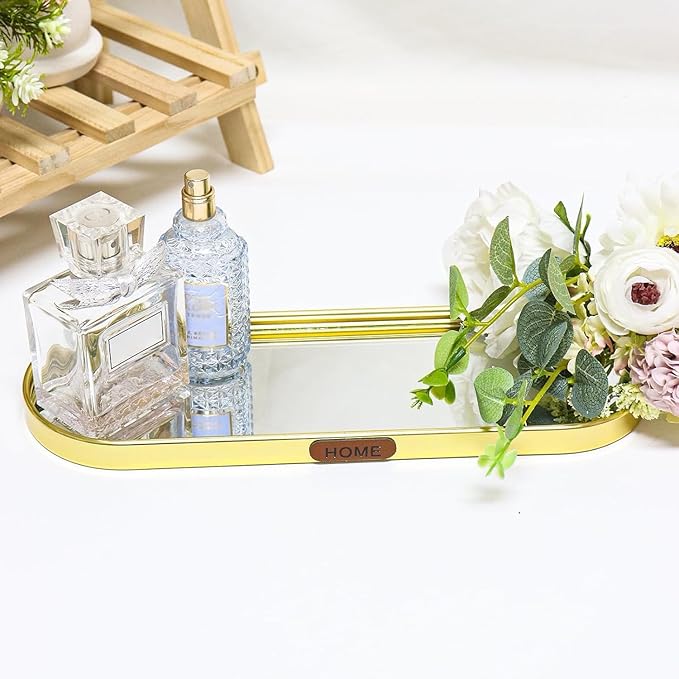 Gold Mirrored Vanity Tray, Small Oval Stainless Steel Perfume Organizer, Decorative Glass Mirror Tray for Jewelry, Makeup, Skincare, Bathroom Countertop & Nightstand Decor (11.8" x 3.9")