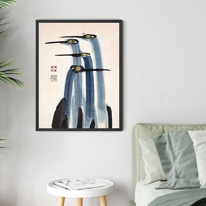Antique Asian Crane Watercolor Canvas Art Vintage Japanese Chinese Painting Museum Quality Wall Decor For Living Room Bedroom 8x10inch Black frame