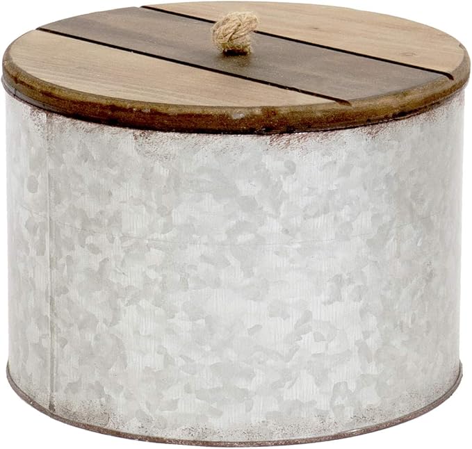 Red Co. 7 inch Round Decorative Rustic Galvanized Metal Storage Box with Wooden Lid, Rusted Grey/Brown