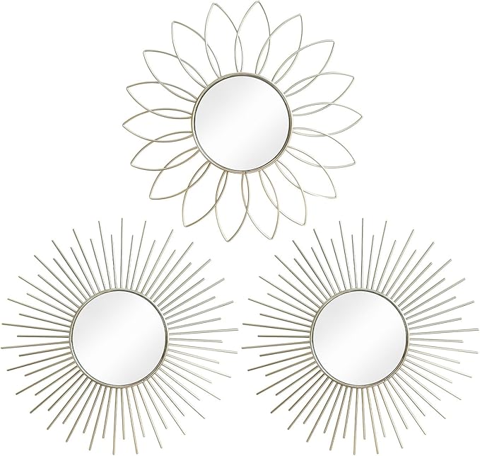3 Pack Metal Mirrors for Wall Sunburst Wall Mirrors Home Décor Decorative Hanging Wall Art for Living Room Bedroom Entryway (Silver2, Flower+Sunburst)