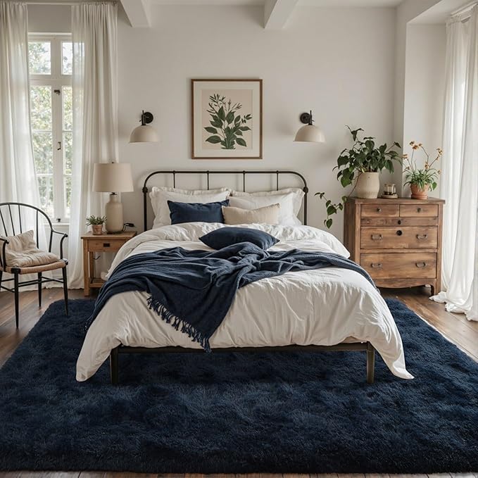 6x9 Fluffy Area Rug Blue Rugs for Living Room,Plush Soft Navy Blue Shag Carpet for Bedroom Boys Book Room Nursery Kids Playroom Dorm Decor