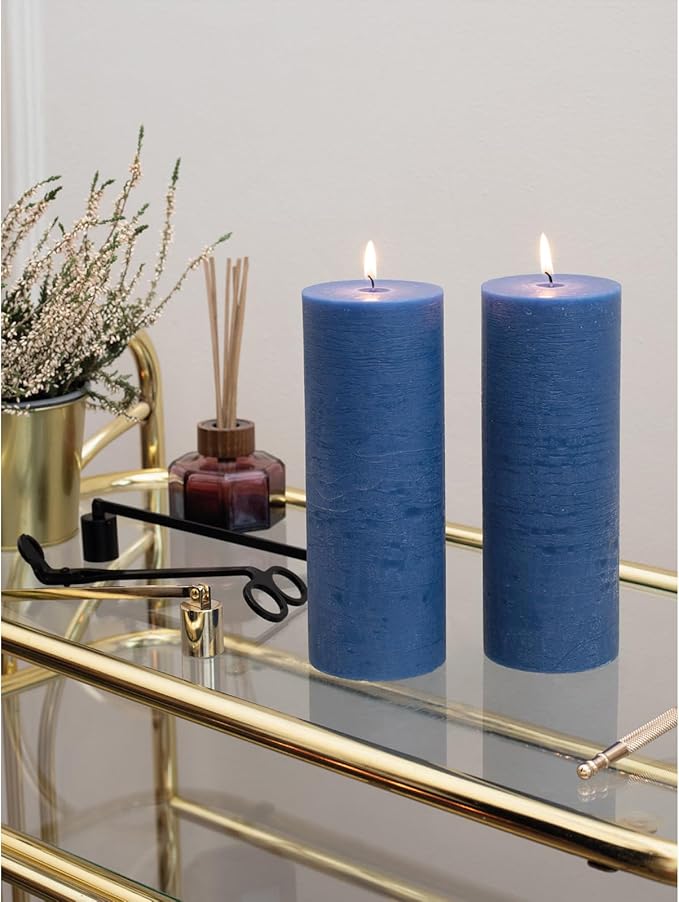 CANDWAX Dark Blue Pillar Candles 3x8 Inch – Set of 2 Unscented Dripless Large Candles, Rustic Style for Weddings, Home Decor, Events