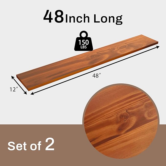 12 Inch Deep Floating Shelves Set of 2, 48 Inch Extra Wide Solid Wood Wall Shelves, 4ft Heavy Duty Farmhouse Bookshelf with 100 lbs Capacity for Living Room, Kitchen, Special Brown