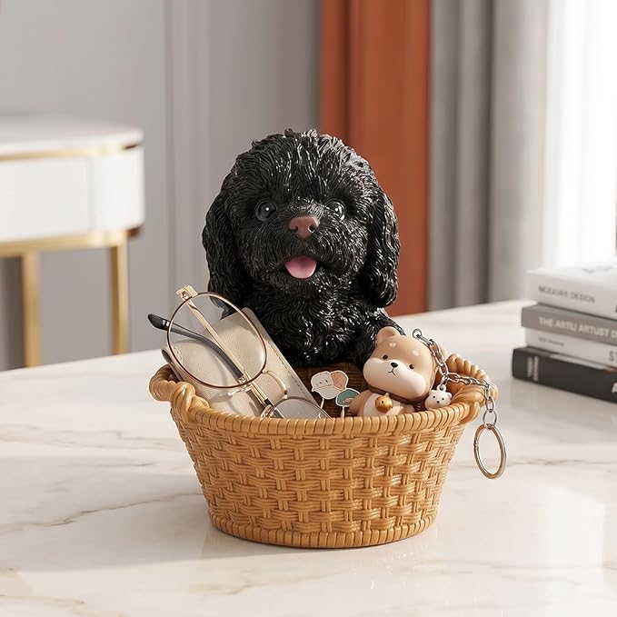 Dog Resin Storage Basket, Desktop Organizer for Remote & Keys, Cute Home Decor Tray, Ideal present for Pet Lovers.(Black Poodle)
