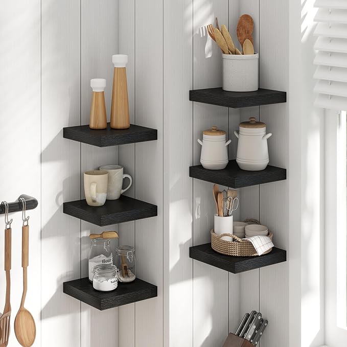 8 Inch Floating Shelves for Wall with Invisible Brackets Set of 3, 8"D Engineered Wood Wall Shelves with Wood Grain for Living Room, Bedroom, Bathroom, Kitchen Decor and Storage, Black Finish