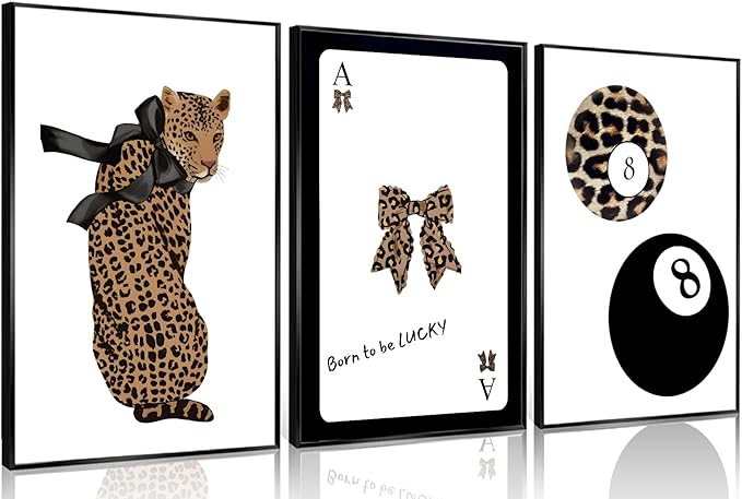 Set of 3 Trendy 8 Ball Leopard Wall Art Ace Card Bow Wall Decor Pictures Funky Born To Be Lucky Posters Prints Preppy Aesthetic Cheetah Room Decor for Girls Bedroom Apartment Dorm Unframed 16x24in