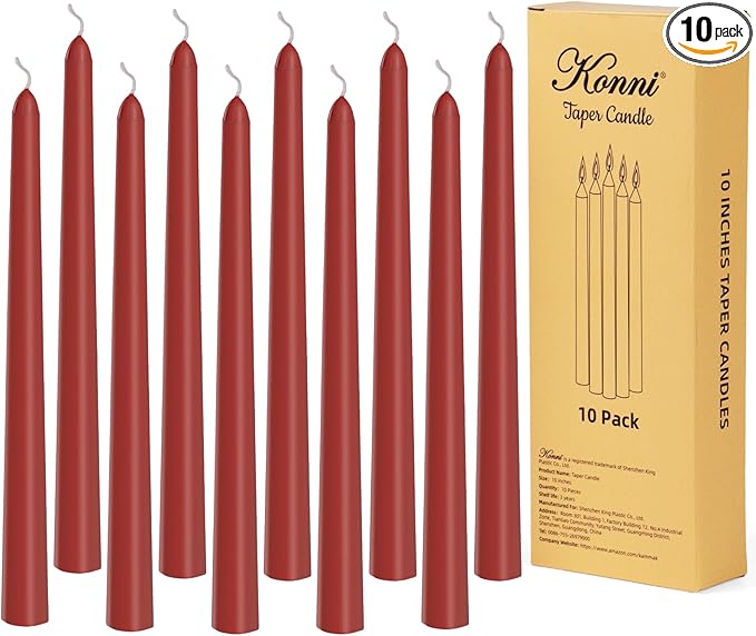 KONNI 0.87×10 Inch Dark Red Taper Candles, Unscented and Smokeless Tall Candlesticks, 10 Pack Tapered Candles with Cotton Wicks, Long Burning, Ideal for Weddings, Dinner Parties, and Home Décor