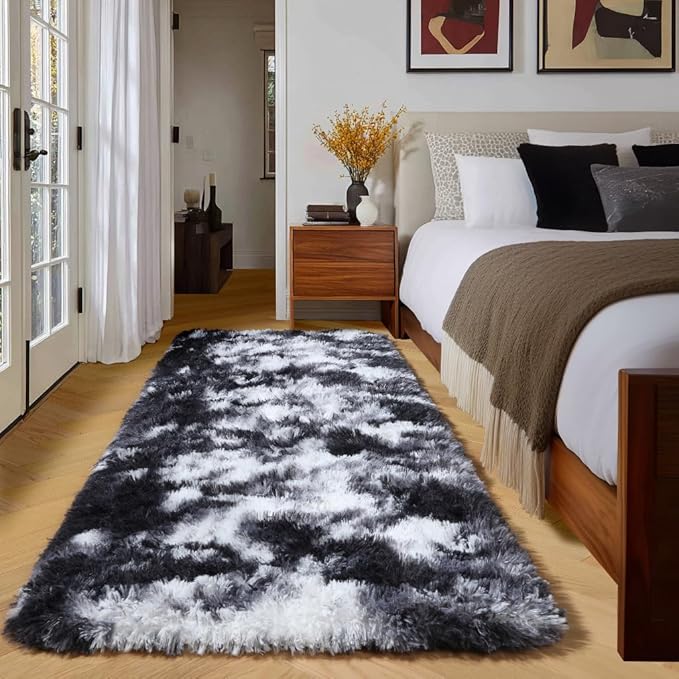 Amdrebio Black White Grey Runner Rugs 2x6 for Bedroom Living Room Decor, Fluffy Fuzzy Shag Bedside Area Rug for Kids Room Dorm Home Office, Cool Shaggy Plush Floor Modern Carpet for Teen Boys Men