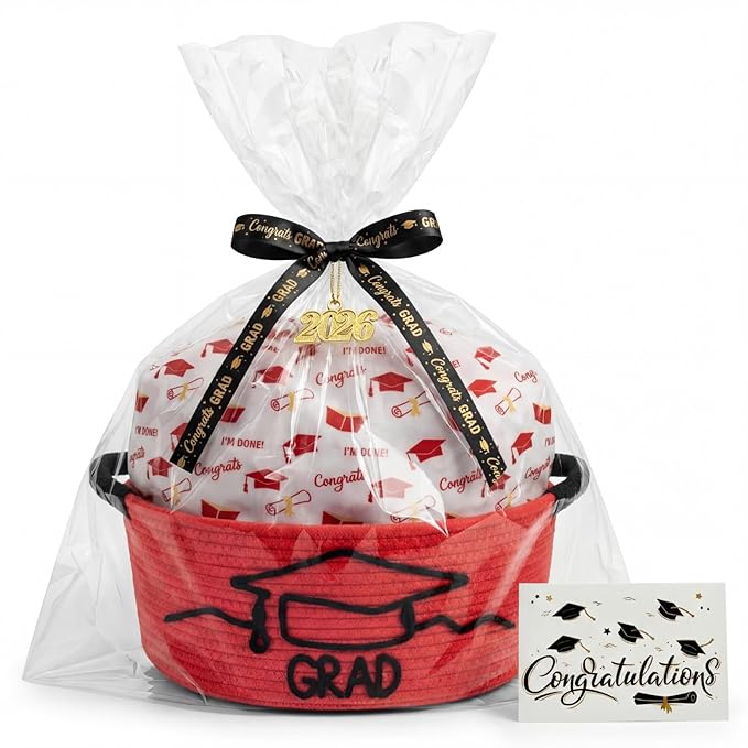Colingmill 2026 Graduations Gift Basket Empty to Fill, Woven Rope Basket 15" x 11" x 6" Decorative Storage Baskets with Gift Bag, Bow, Tissue Paper & Year Charm(Red,Black,Graduation)