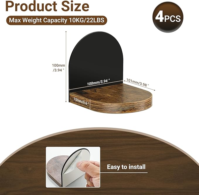 SAYAYO Small Floating Shelves for Wall Storage, 4 x 4 Inch Adhesive Wall Shelves for Bedroom Decor, Mini Display Wood Shelf Organizer with Black Base for Living Room, Office, Balcony, 4 Pcs