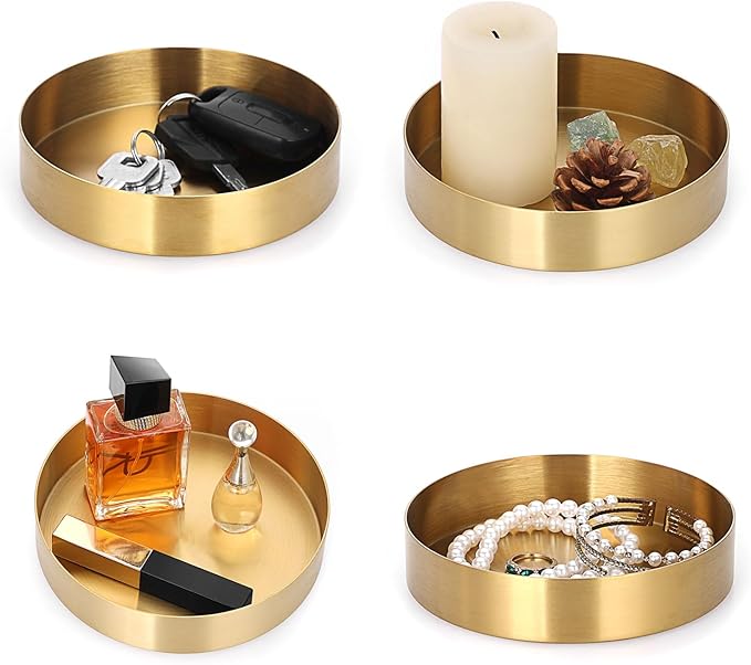 Hipiwe Small Key Bowl for Entryway Table, 5.5" Round Gold Stainless Steel Tray Vintage Jewelry Dish Metal Decorative Tray Makeup Organizer for Key Vanity Perfume Trinket Candle Plate