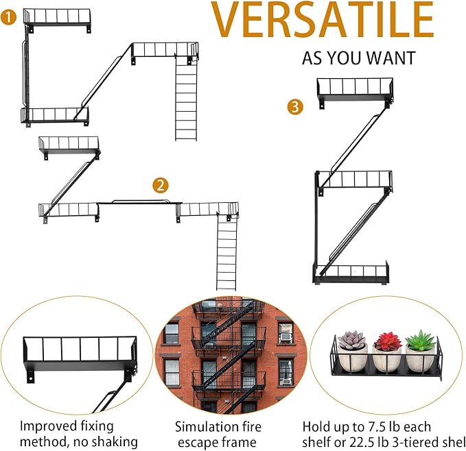 Zonon Fire Escape Wall Shelf Hanging Metal Ladder Shelves Wall Decor Cool Bookshelf Organizer Floating Shelves Action Figure Shelf for Home Bedroom Storage Display(Black,3 Tier)