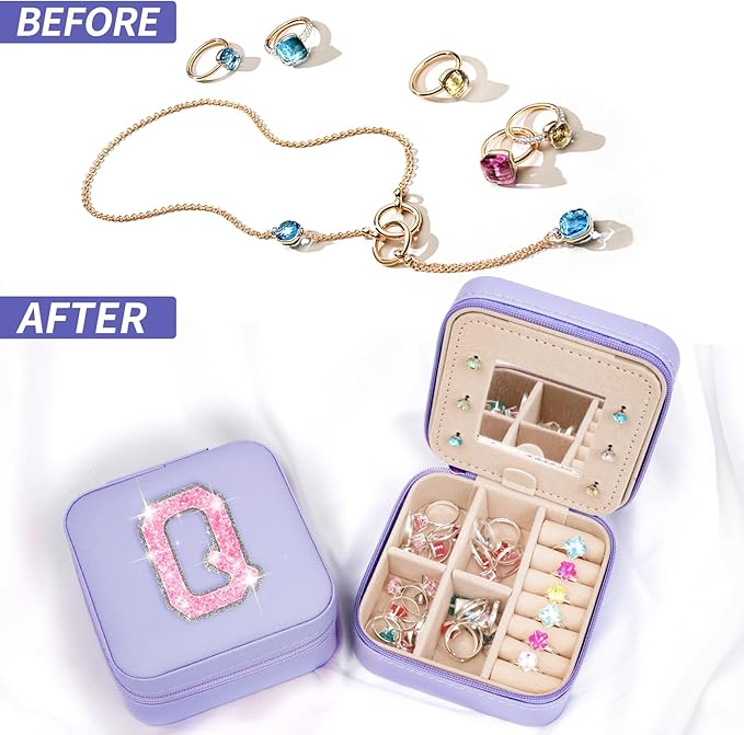 Uygafly Personalized Jewelry Case for Women Girls - Fashion Mini Jewelry Boxes - Trendy Travel Jewelry Organizer with Initials Letter - Teen Gifts | Lavender,Q
