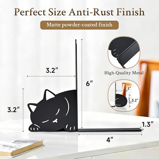 BEISE Cat Bookends for Shelves & Desk, Decorative Metal Bookend, Cute Black Kitties Book Organizer for Bookshelf Decor, Home Office Decor, Unique Book Lover Gift Set, Unusual Gifts for Cat Lovers