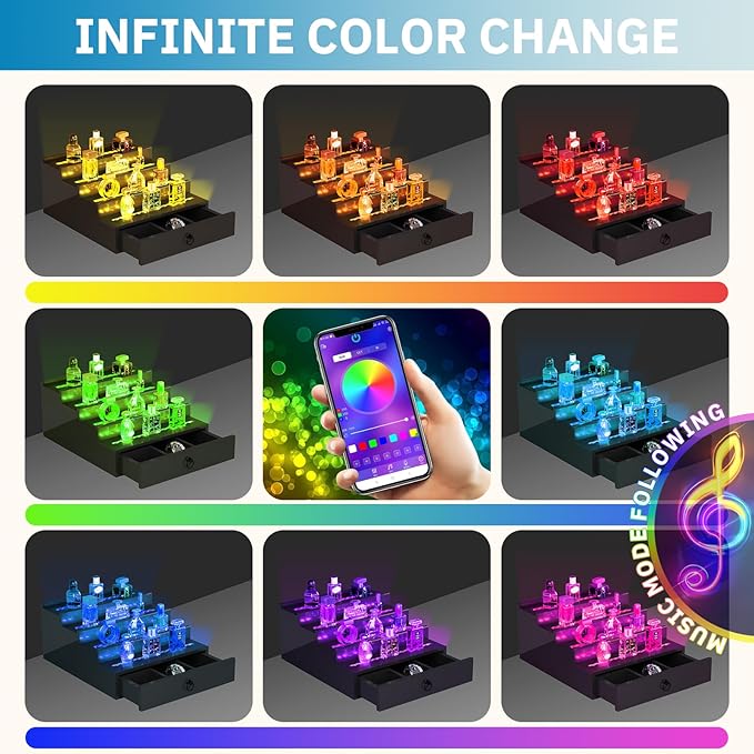 RGB LED Lighting Perfume & Cologne Organizer for Men with APP Control, Music Beat Sync LED, Cologne Stand Shelf, 4-Tier Black Wood, Ideal Gift for Men,Includes 12V Power Adapter for Instant Use