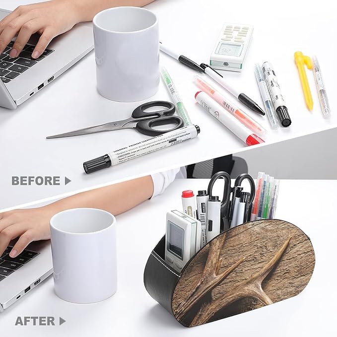 Deer Antlers On Wood Table Rustic TV Remote Control Holder Storage Organizer Box with 5 Compartments For Home Office Desktop