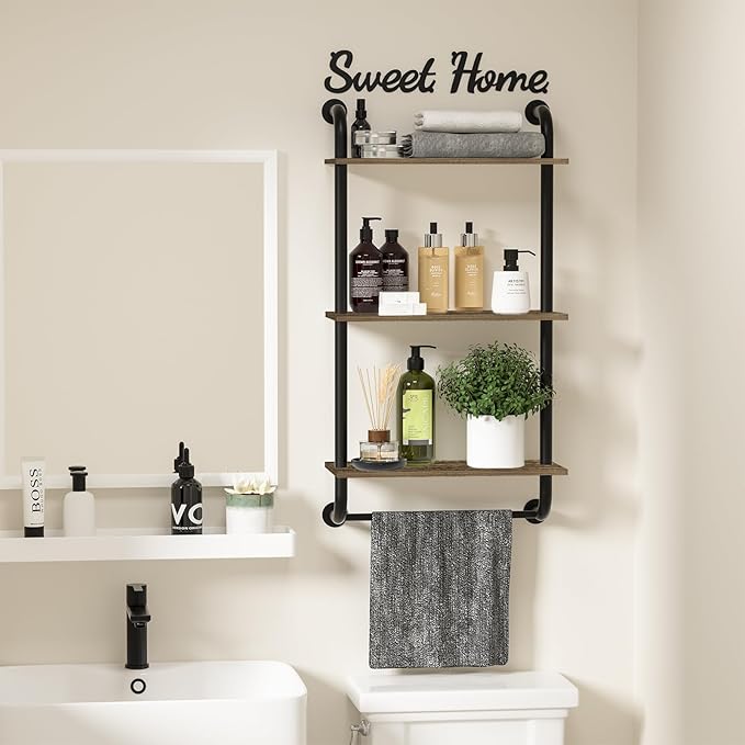 Tinpin Bathroom Shelves Wall Mounted, 3-Tier Rustic Wood Wall Shelf, 17.3 inch Industrial Pipe Floating Shelf for Bathroom,Kitchen,Bedroom,Living Room,Brown