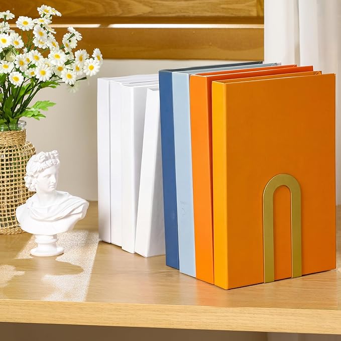 Chunful 6 Pcs Gold Book Ends for Shelves Decorative Small Modern Metal Bookends Book Shelf Organizer Minimalist Design Stopper to Hold Books for Home Office(5.5 * 3.75 * 2.25inch)