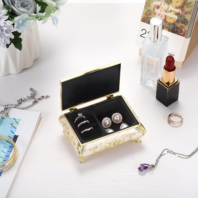 Hipiwe Vintage Jewelry Box Metal Trinket Chest Treasure Display Case for Rings Earrings Organizer Rectangular Decorative Keepsake Storage Box, Small