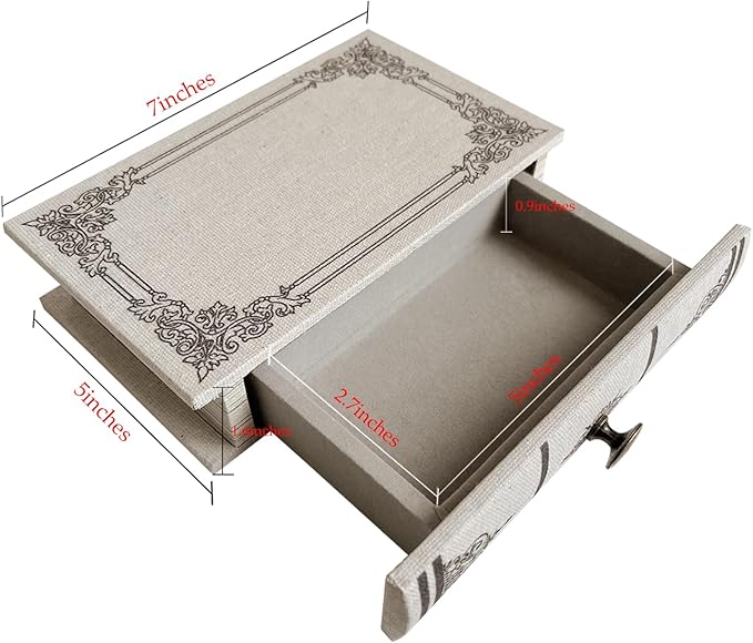 Vintage Book Storage Box with Drawer, Natural Linen-Textured Cover with Classic Frame Pattern, Hidden Organizer for Jewelry, Keepsakes or Desktop Use 7″ x 5″ x 1.6″