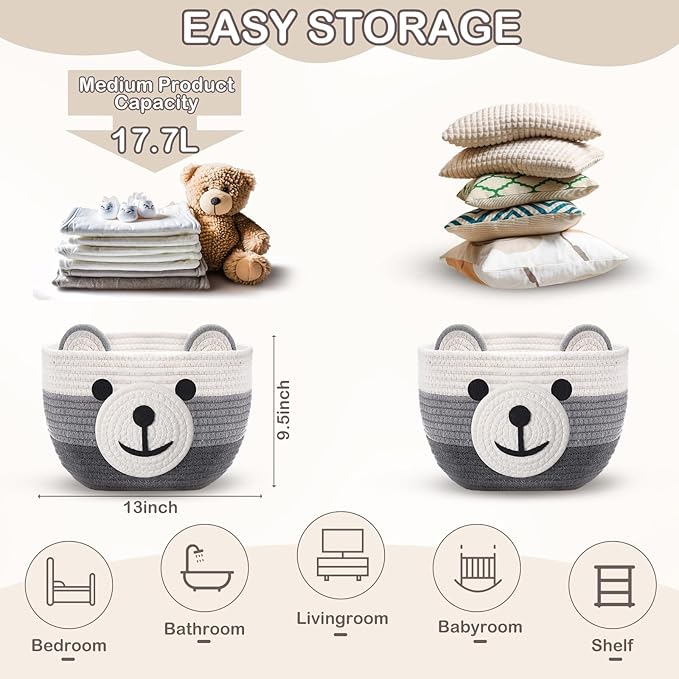 Zopeal Easter Bear Basket 13" D x 9.5" H for Nursery Cotton Rope Woven Bear Gift Empty Storage Basket with Handles Animal Hamper for Baby Shower Laundry Bathroom Home Decorative