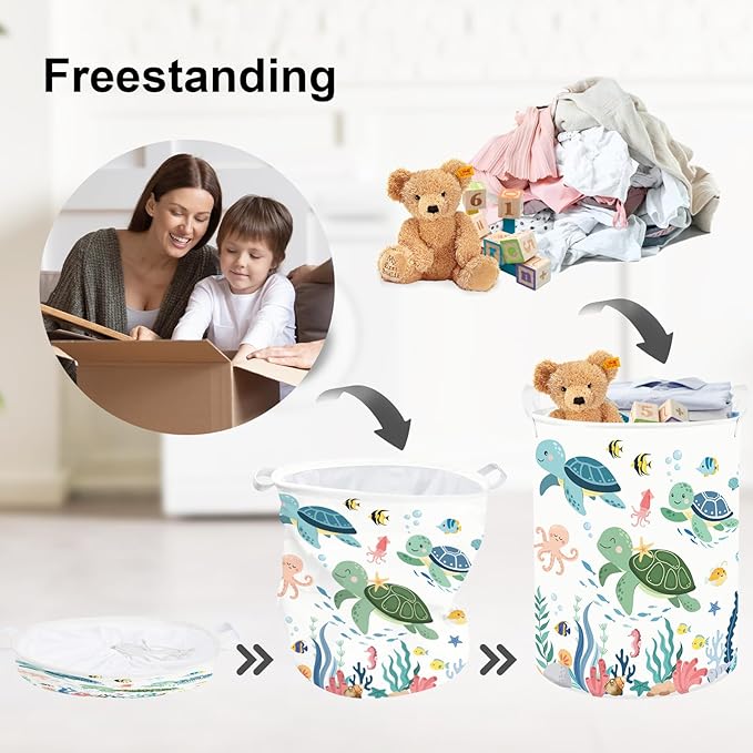 Clastyle Adorable Ocean Animals Kids Book Storage Basket Sea Turtle Clothes Laundry Basket Parents Gift Toy Box for Bedroom Shower, Green Turtle, 36x45 cm