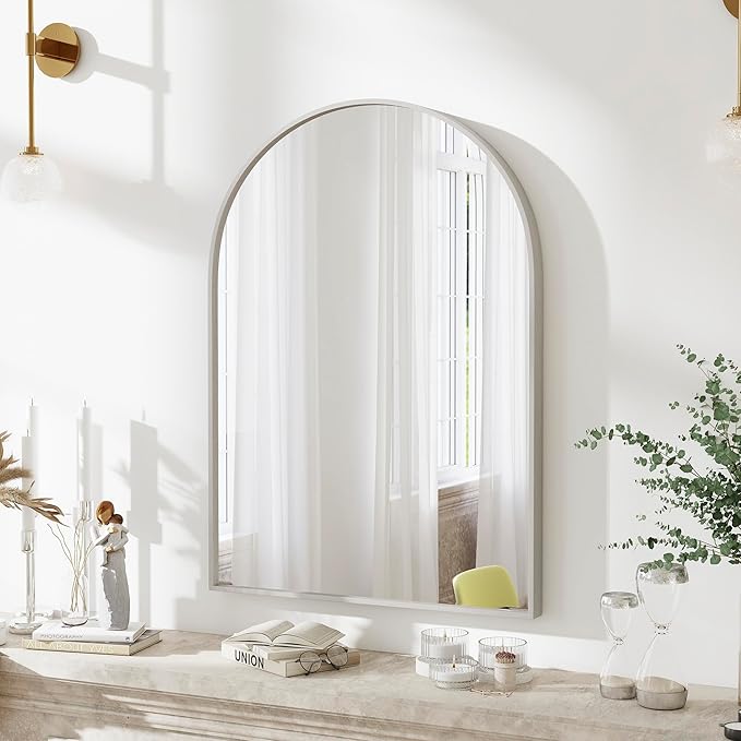 SCWF-GZ 30x20 Arch Mirror Rectangle Wall Mounted Hanging or Against Wall Aluminum Alloy Metal Frame Dressing Make-up Mirrors for Entryway Bedroom Bathroom Living Room 30 20 inch Silver