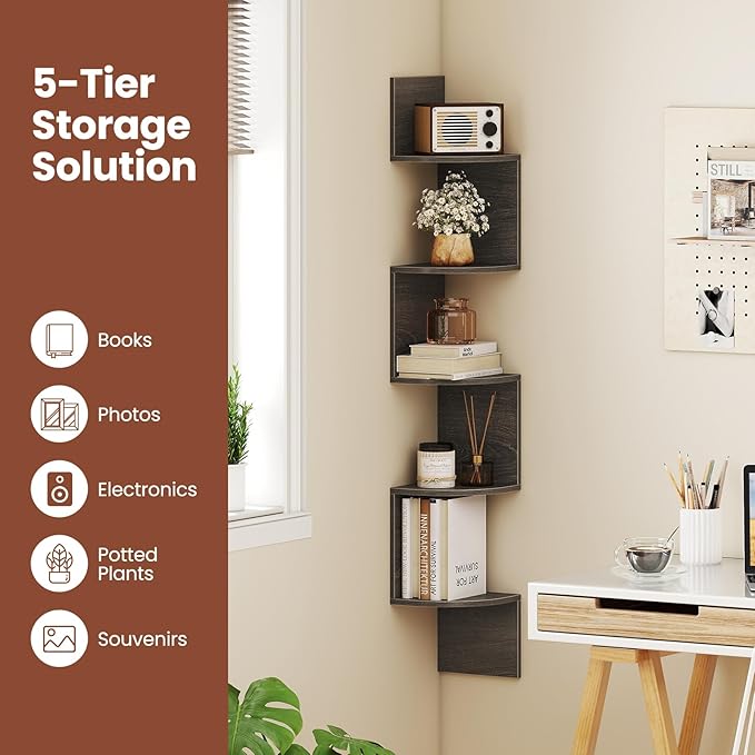 Giantex Corner Shelf Wall Mounted, 5-Tier Floating Corner Bookshelf, Home Storage Organizer, Wooden Display Stand Rack for Wall, Plant Shelf for Living Room, Bedroom, Kitchen (1,Oak)