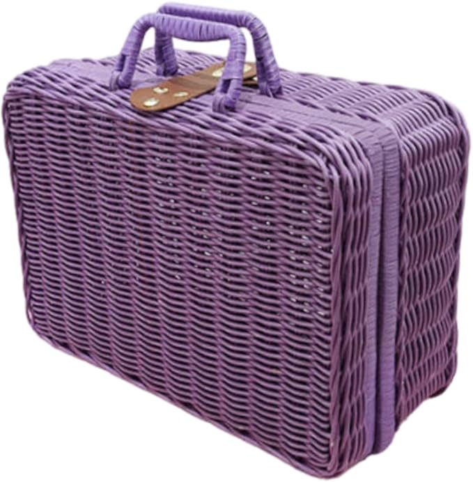 Woven Suitcase Imitation Rattan Storage Basket Portable Photo Prop Makeup Case Picnic Basket for Tabletop Bathroom Household, Violet L