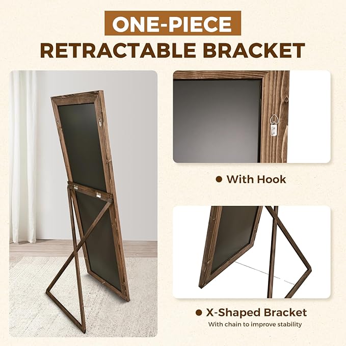 Full Length Mirror 65"x22" - Beveled Edge Rustic Brown Dressing Mirror, Solid Wood Frame, Wall Mounted or Standing for Bedroom, Entryway, Living Room