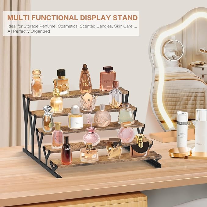 KALYLOC 5 Tier Wooden Display Riser Stand 13.8 Inch Metal Step Perfume Stand Organizer Tabletop Tiered Display Shelf Rack for Cologne Cupcake Spice Figures Cosmetics Candles (Brown, Y-Shape)