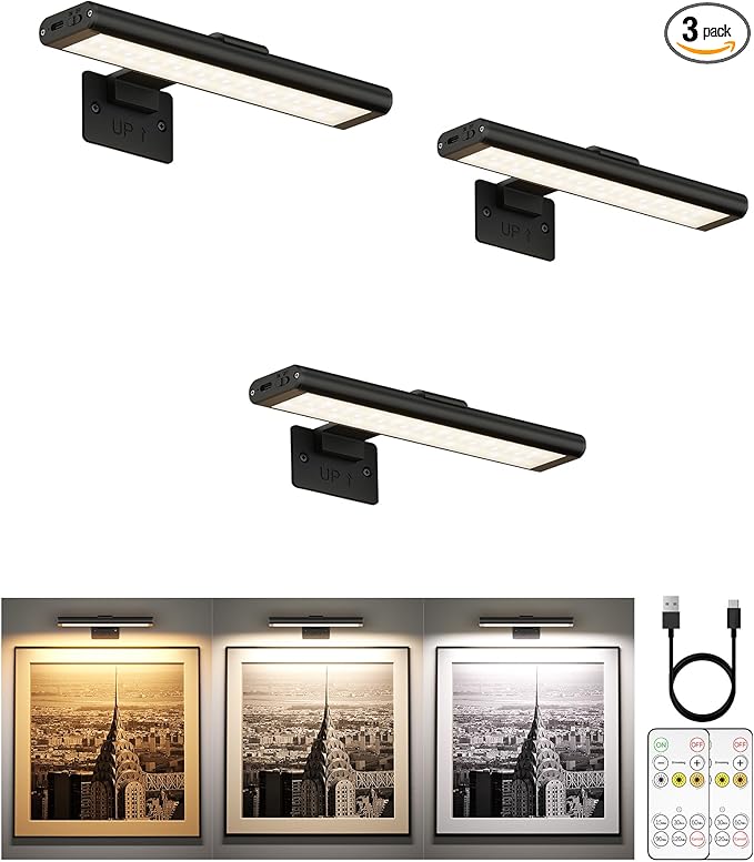 EZVALO Picture Light for Wall, Rechargeable 2400mAh Battery Lights Wireless with IR Remote, 3 Color & Dimmable Magnetic 7.8'' LED Lights Display for Painting, Living Room, Gallery, Bedroom(Black-3P)