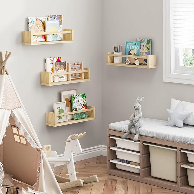 Fixwal Nursery Book Shelves, 16.5 Inch Floating Nursery Bookshelves, Set of 4, Solid Wood Wall Mounted Shelves for Books and Toys Storage (Natural Wood)