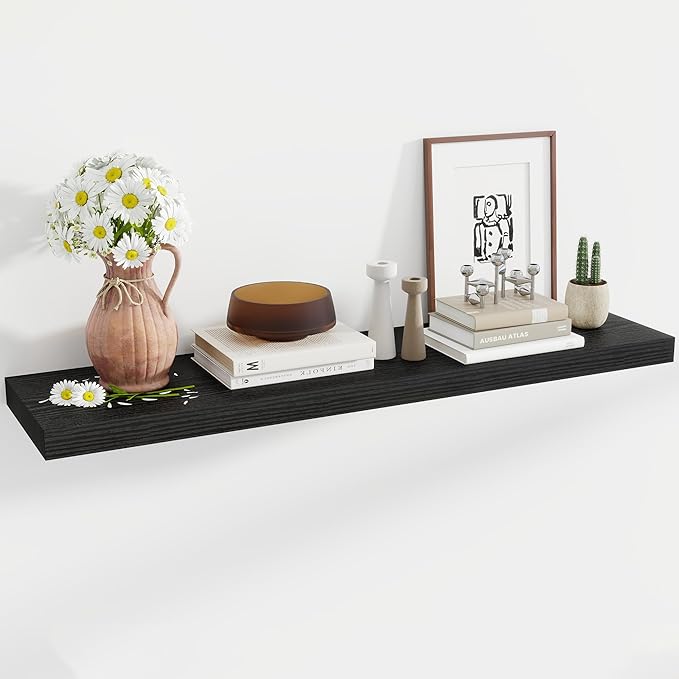 Acovy 48 Inch Floating Shelves, 12 Inch Deep Floating Shelves for Wall, Floating Shelf with Invisible Brackets, Deep Shelves for Bathroom, Bedroom, Living Room, 1 Pack, Black