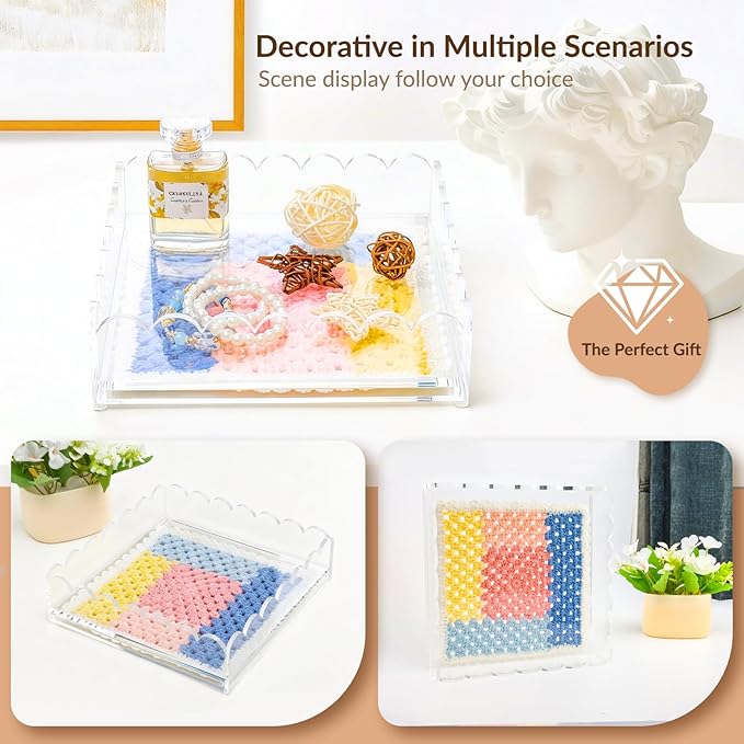 Scalloped Acrylic Tray for Needlepoint Inserts, 6.7" x 6.7" Clear Acrylic Tray with Drawer, Compatible for Art, Photos, Fabric & Custom Displays, Decorative Gift for Home or Office