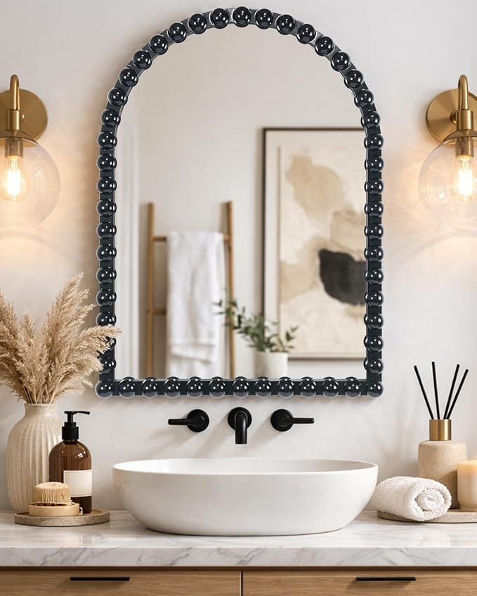 Black Beaded Arched Wall Mirror 22x30 Inch, Vintage Decorative Arch Mirror with Beaded Frame, Accent Mirror for Entryway, Bathroom, Living Room, Bedroom, Fireplace