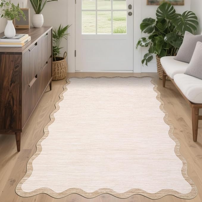 GarveeHome Scalloped Washable Rug 4x6, Beige Boho Living Room Area Rug, Bordered Non-Slip Farmhouse Bedroom Carpet Dorm Room Throw Rug, Low Pile Soft Accent Mat for Kitchen Entry Office 4'x6' Beige