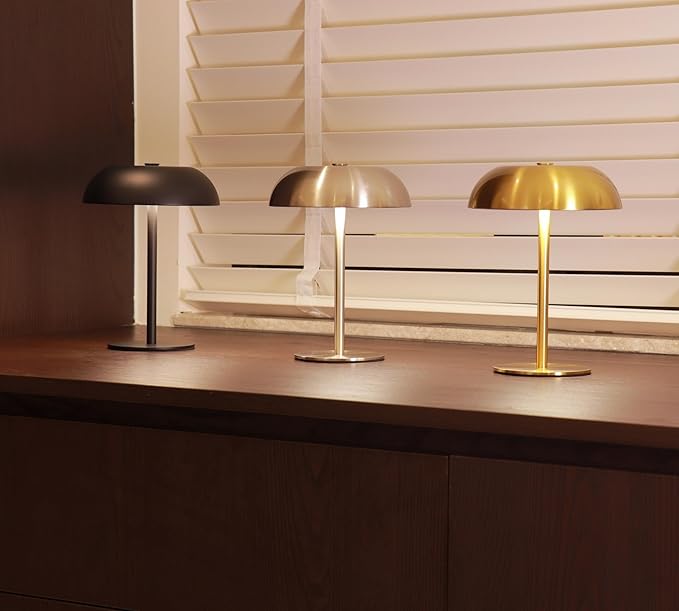 Portable LED Mushroom Table Lamp, 8.46'' Metal Small Cordless Desk Night Light with 5200mAh Rechargeable Battery, Stepless Dimming Lamp with 3 Colors for Bedroom/Bar/Coffee Shop (Gold)