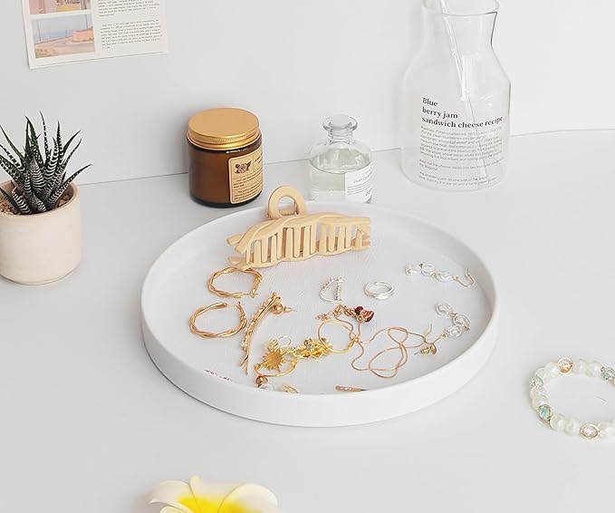 Round White Tray (9.5 inch) - Bathroom Vanity Tray, Kitchen Counter Organizer, Coffee Table Decor | Farmhouse, Modern & Boho Decor | Perfume, Soap, Essentials Tray