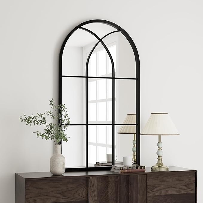 Rowjut Arched Wall Mirror 42" x 24" Window ＆ Wall Decorative Mirror, Iron Framed Window Pane Mirrors, Arched Top Wall Mirror for Entryway Living Room, Bedroom, Fireplace (Black)